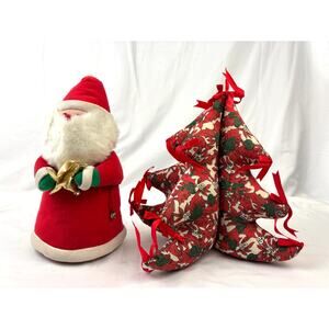 Vintage 2 Pc 3D Stuffed Handmade Fabric Christmas Tree + Santa Claus Tree Topper